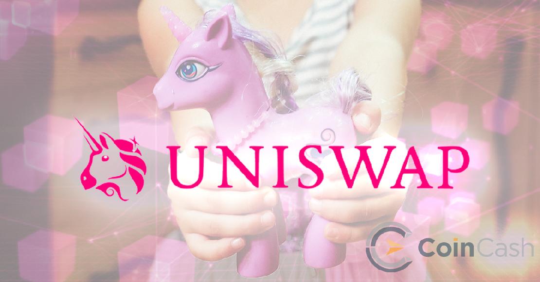 Uniswap logó, a háttérben egy kislány tart egy unikornist.